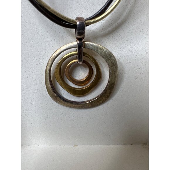 Layered Circle Pendant Necklace With Black Gold Cord & Adjustable Chain - Picture 2 of 6